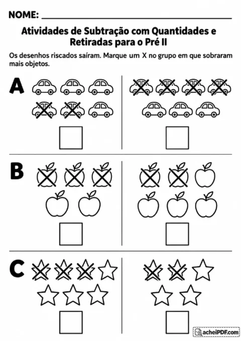 Pares de conjuntos de carrinhos, maçãs e estrelas com figuras riscadas para marcar onde sobraram mais objetos