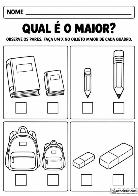 Pares de livros, lápis, mochilas e borrachas em tamanhos diferentes para marcar o objeto maior