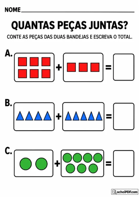 Bandejas com peças quadradas, triangulares e circulares para contar diferentes agrupamentos que formam nove