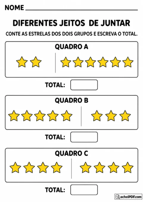 Três pares de grupos de estrelas com diferentes composições de oito para contar e registrar o mesmo total