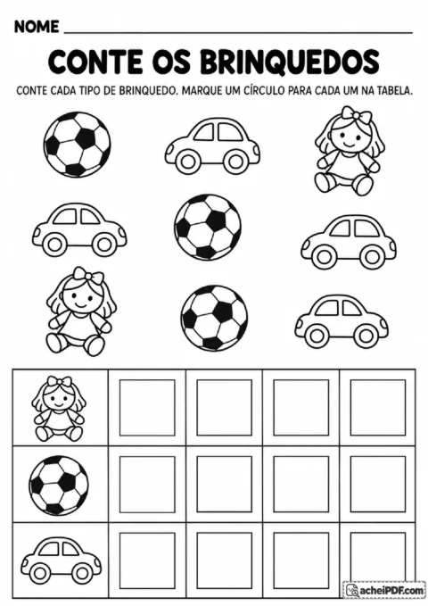 Brinquedos para contar e tabela com quadrinhos para registrar bonecas, bolas e carrinhos