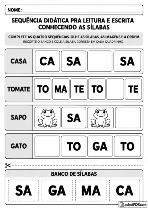 Desafio final com sequências de casa, tomate, sapo e gato para completar com sílabas