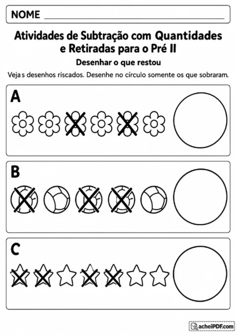 Grupos de flores, bolas e estrelas com elementos riscados e círculos vazios para desenhar somente o que restou