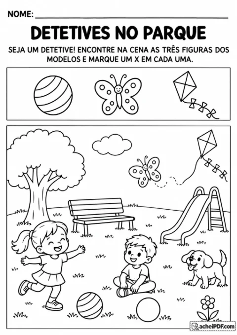 Cena de parque para localizar bola listrada, borboleta com pintas e pipa com três laços