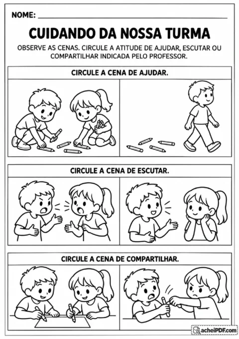 Pares de cenas escolares para reconhecer atitudes de ajudar, escutar e compartilhar materiais
