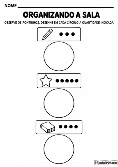Círculos para desenhar lápis, estrelas e livros conforme quantidades indicadas por pontos