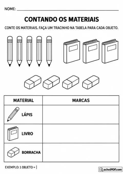 Coleções de lápis, livros e borrachas com tabela para registrar as quantidades usando tracinhos