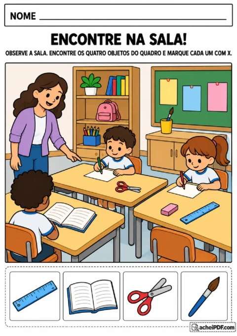 Cena de sala de aula para encontrar e marcar régua, livro aberto, tesoura sem ponta e pincel