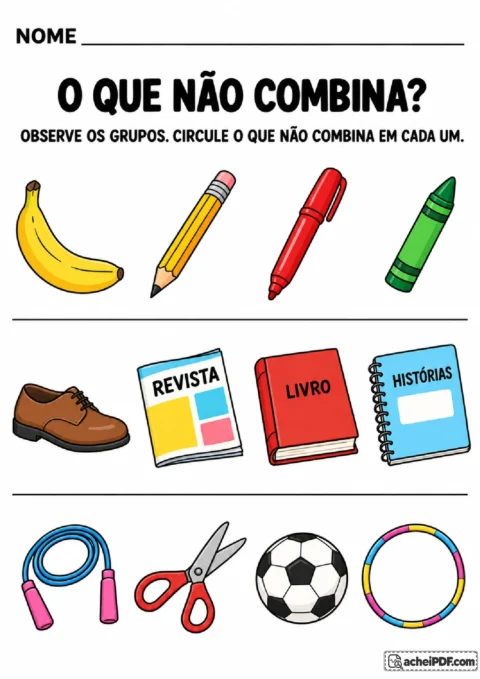 Grupos de objetos escolares e brinquedos para circular a figura que não combina em cada conjunto