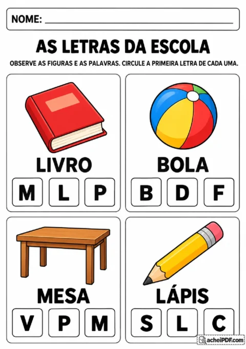Figuras e palavras livro, bola, mesa e lápis com alternativas para circular a primeira letra