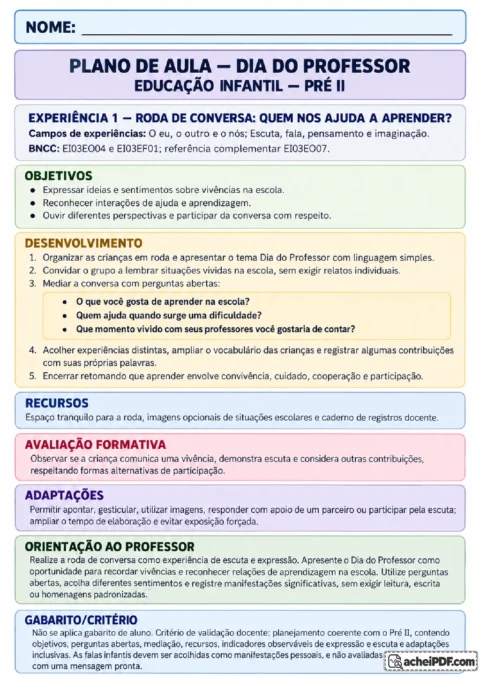 Plano de aula do Dia do Professor para o Pré II com roda de conversa, perguntas mediadoras e orientações de escuta