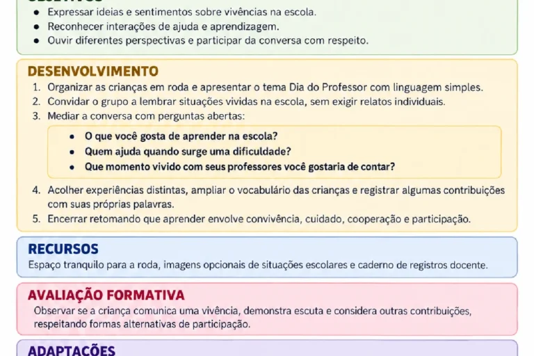Plano de aula do Dia do Professor para o Pré II com roda de conversa, perguntas mediadoras e orientações de escuta