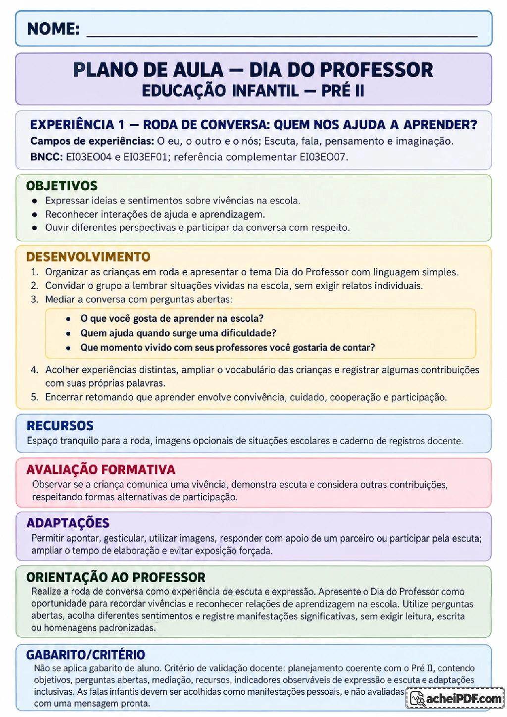 Plano de Aula do Dia do Professor para o Pré II