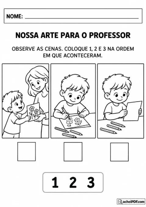 Três cenas de preparação, desenho e entrega de cartão para ordenar uma homenagem ao professor