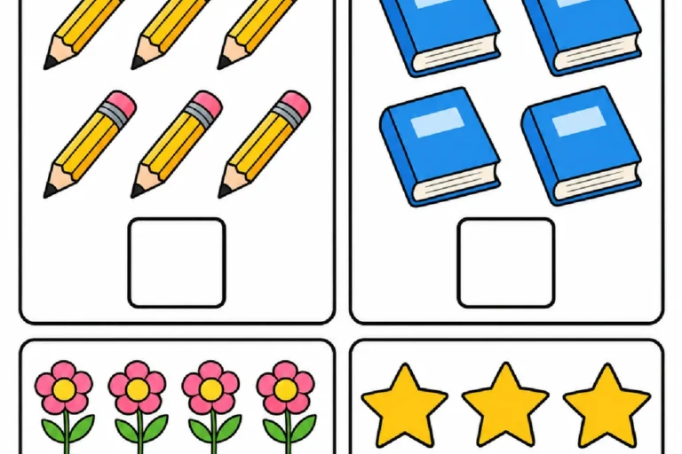 Quadros com lápis, livros, flores e estrelas para contar os desenhos e escrever cada quantidade