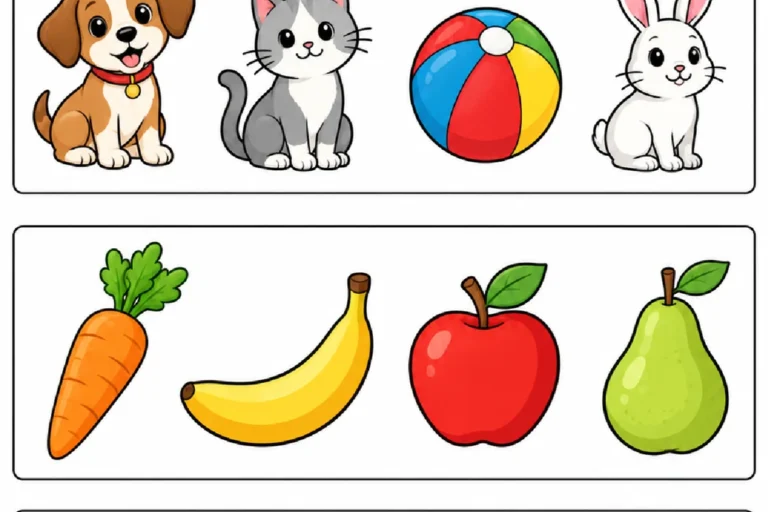 Atividade de encontrar a figura intrusa em grupos de animais, alimentos e brinquedos para o Pré II