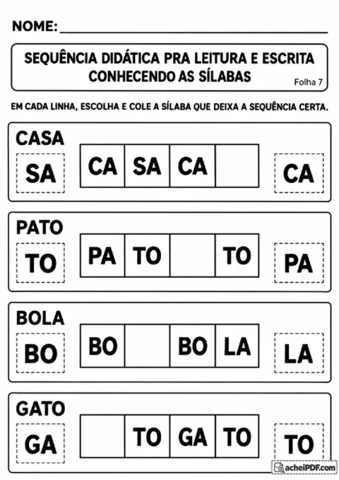 Sequências de casa, pato, bola e gato com duas opções de sílaba para escolher e colar