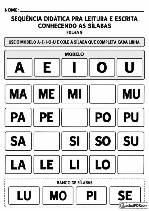 Famílias silábicas de M, P, S e L seguindo a ordem A-E-I-O-U para completar lacunas