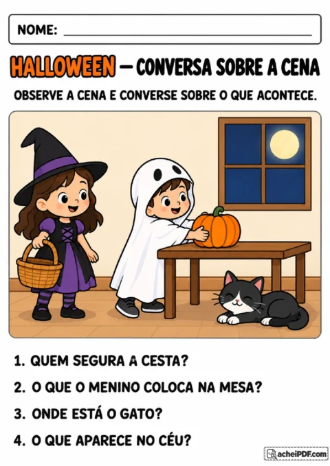 Cena de festa com menina fantasiada de bruxa, menino com abóbora, gato e lua para conversa oral