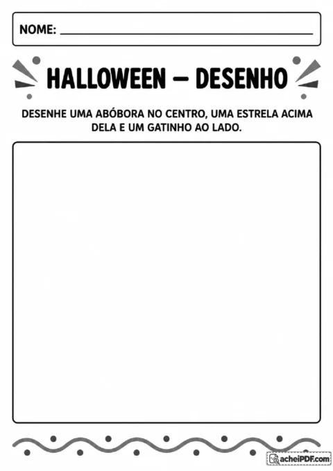 Espaço livre para desenhar uma abóbora no centro, uma estrela acima e um gatinho ao lado