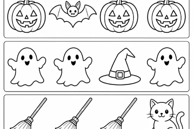 Grupos de abóboras, morcegos, fantasmas, vassouras e gatos para circular a figura diferente em cada fileira