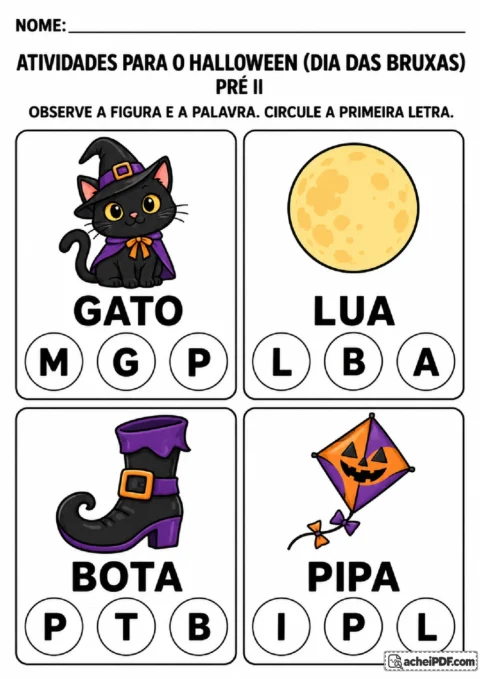 Figuras de gato, lua, bota e pipa com palavras-modelo e três alternativas para circular a letra inicial