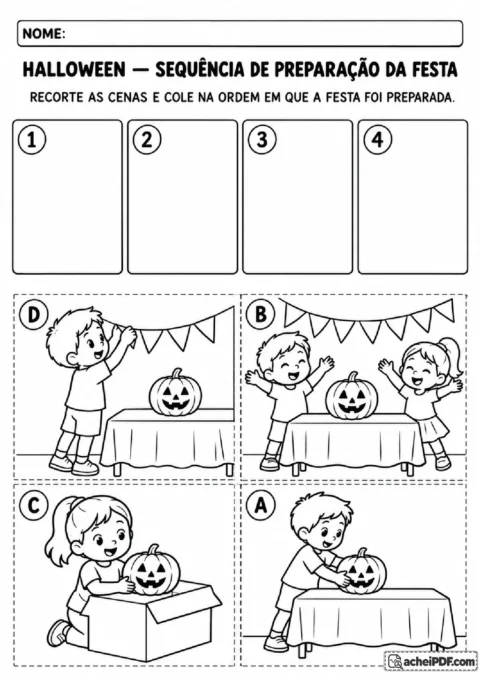 Quatro cenas recortáveis de preparação de uma festa de Halloween para ordenar e colar nos quadros numerados
