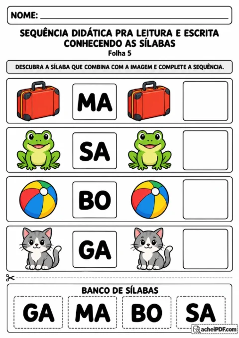 Imagens de mala, sapo, bola e gato combinadas com sílabas iniciais em sequências visuais