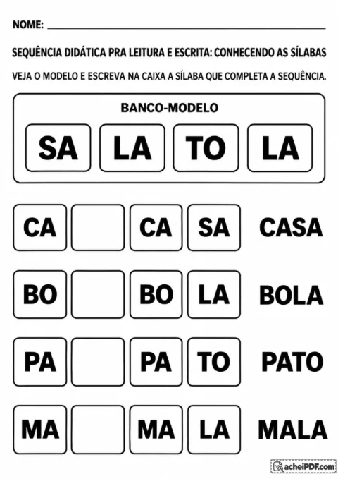Sequências de casa, bola, pato e mala com lacuna no meio para copiar a sílaba correta