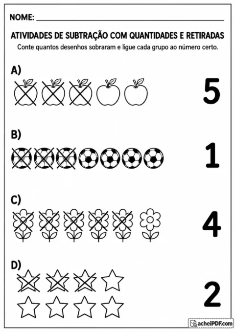 Conjuntos de maçãs, bolas, flores e estrelas com elementos riscados para ligar ao numeral da quantidade restante