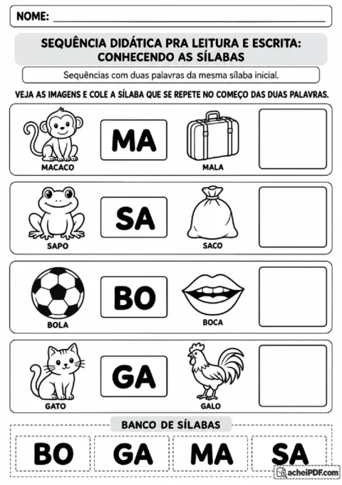 Pares de palavras com a mesma sílaba inicial para observar imagens e completar sequências
