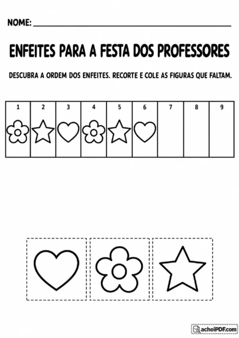 Sequência de flores, estrelas e corações com três espaços vazios e figuras recortáveis para completar a ordem