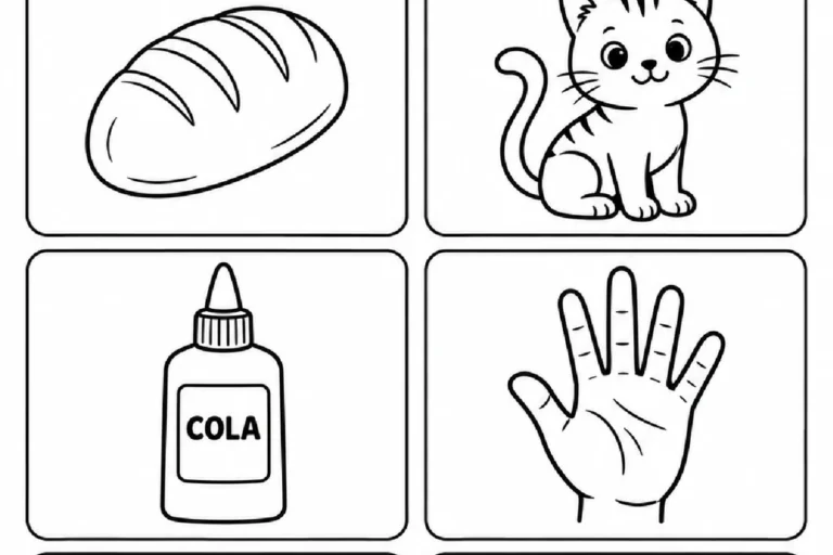 Figuras de gato, pato, bola, cola, mão e pão para circular pares de palavras que rimam