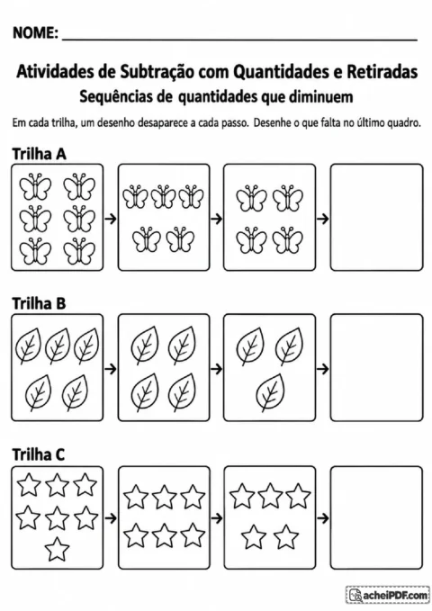Trilhas de borboletas, folhas e estrelas com quantidades decrescentes para completar desenhando as figuras restantes