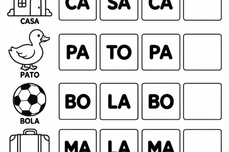 Sequências com sílabas de casa, pato, bola e mala para recortar e completar no Pré II