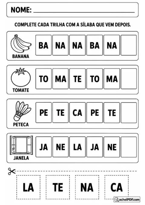 Sequências de três sílabas com banana, tomate, peteca e janela para recortar e colar