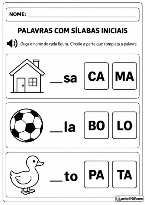 Figuras de casa, bola e pato com duas opções de sílaba inicial para completar cada palavra