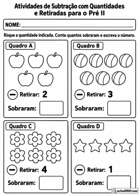 Conjuntos de maçãs, bolas, flores e estrelas para riscar a quantidade indicada e escrever quantos sobraram