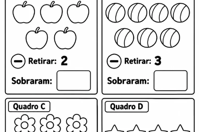 Conjuntos de maçãs, bolas, flores e estrelas para riscar a quantidade indicada e escrever quantos sobraram