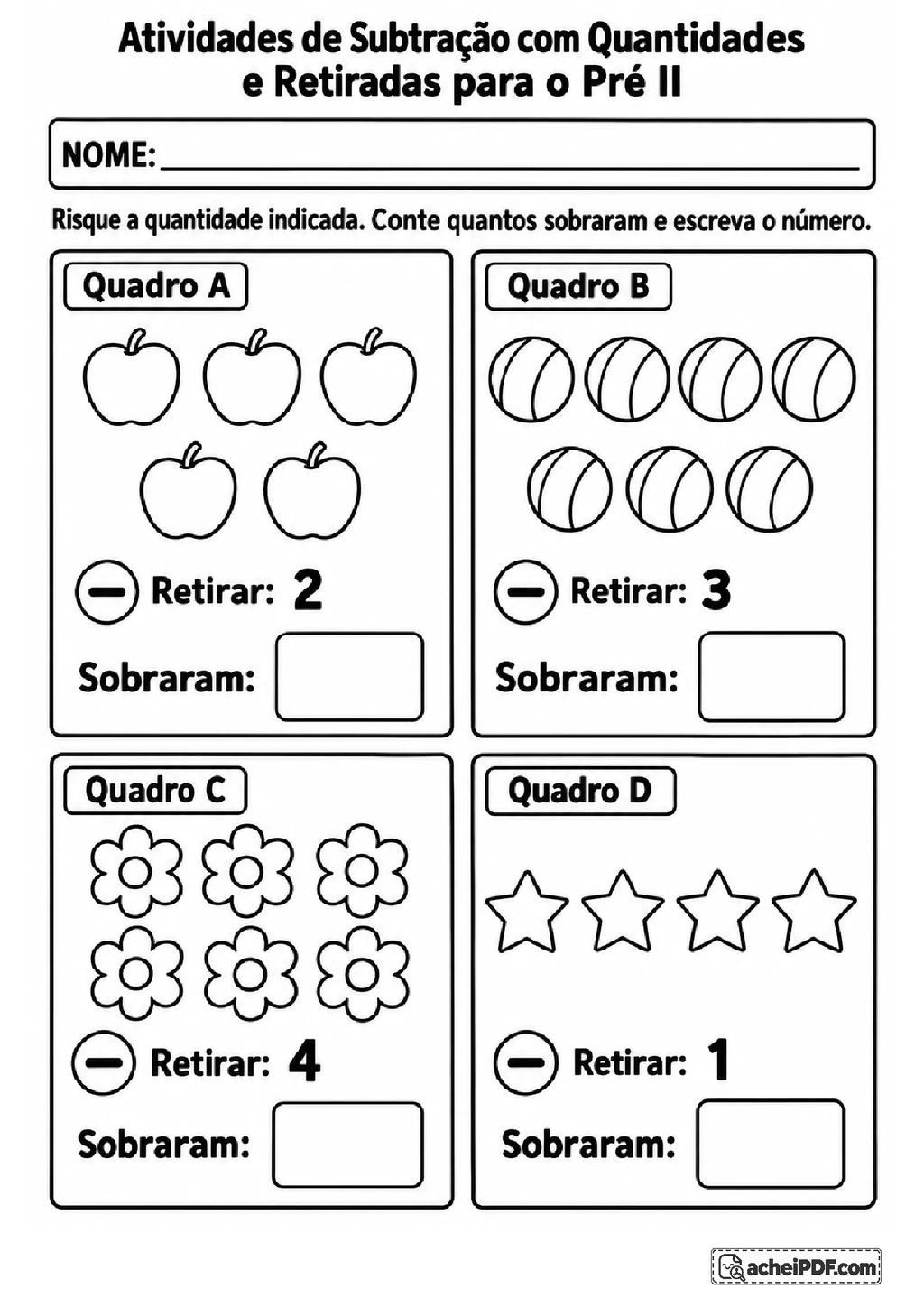Atividades de Subtração com Desenhos para o Pré II