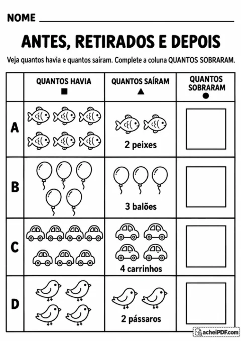 Tabela ilustrada com peixes, balões, carrinhos e pássaros para registrar quantos sobraram após a retirada