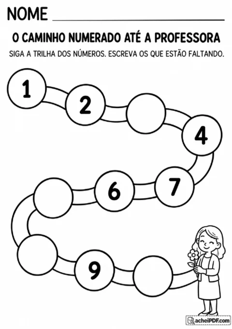 Trilha numérica de 1 a 10 com casas vazias para completar o caminho até a professora que recebe uma flor