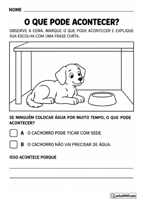 Cachorro ao lado de tigela vazia para selecionar uma previsão sobre a falta de água e escrever uma justificativa
