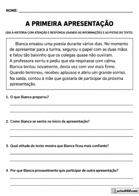 História A Primeira Apresentação com perguntas sobre confiança, sentimentos e pistas da narrativa