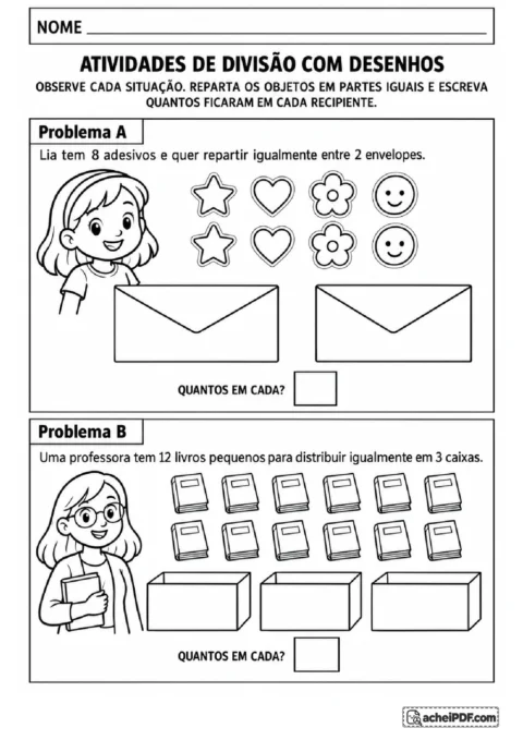 Problemas ilustrados com oito adesivos para dois envelopes e doze livros para três caixas