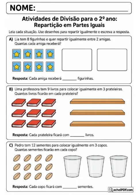 Problemas ilustrados de divisão com figurinhas, livros e sementes repartidos em partes iguais