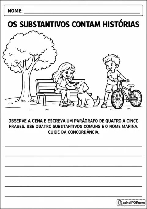 Proposta de produção de parágrafo sobre uma praça com crianças, cachorro, bicicleta e uso de substantivos