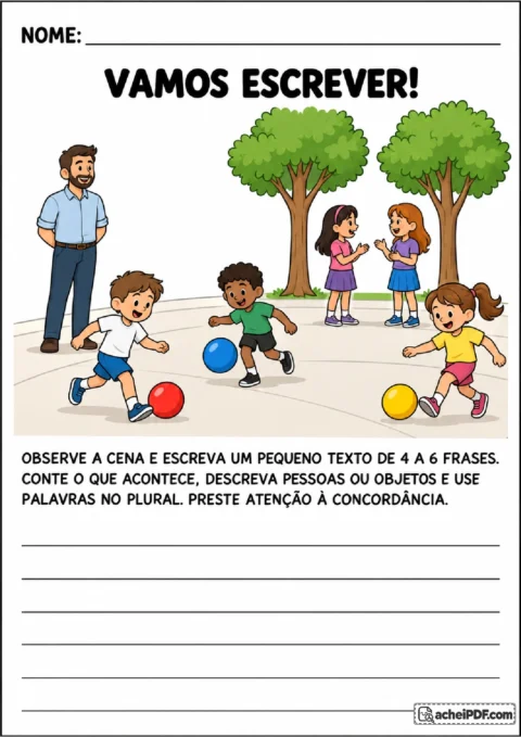 Produção de texto sobre pátio escolar com crianças, bolas, árvores e professor para praticar verbos e adjetivos