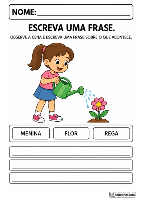Menina regando uma flor em atividade de produção de frase com banco de palavras e linhas para escrita.