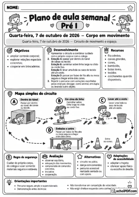 Quarta-feira com circuito motor para explorar deslocamentos, equilíbrio, espaço e cooperação.